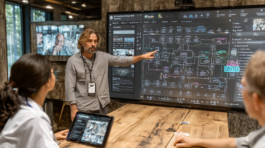 A System Integration Architect from Koreisma presents an architecture diagram to a small team in a modern conference room.